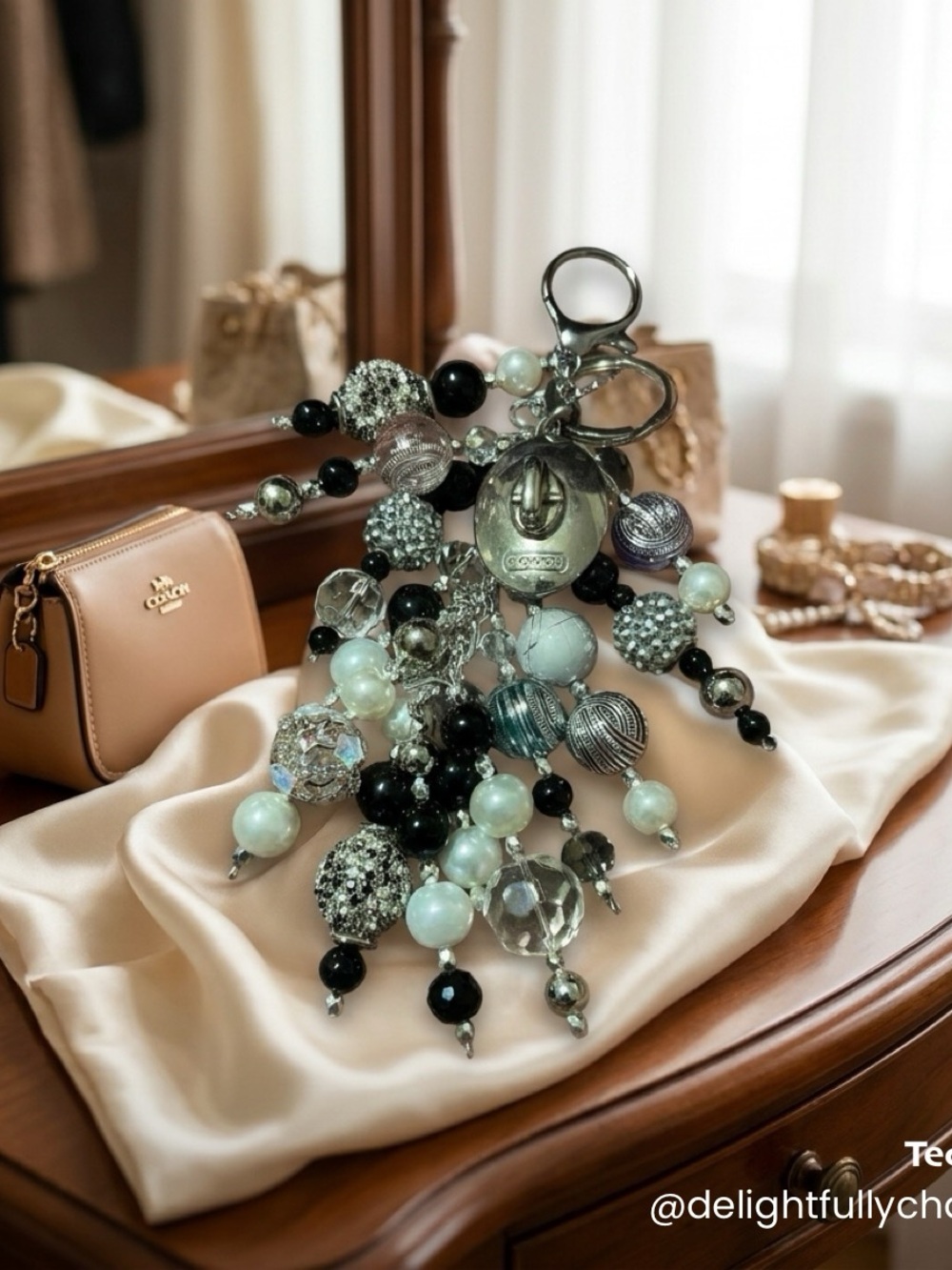 Coach Black & Pearl Beaded Keychain Charm